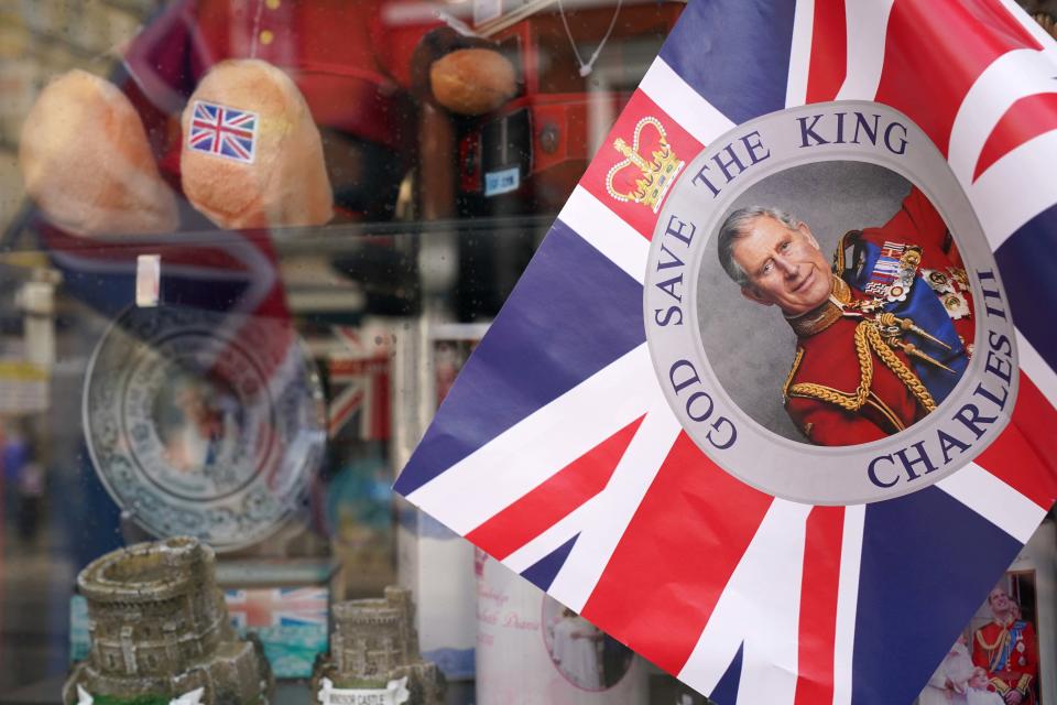 A souvenir flag depicting King Charles III on display at a memorabilia shop in Windsor, Berkshire. Picture date: Thursday September 29, 2022. (Photo by Jonathan Brady/PA Images via Getty Images)