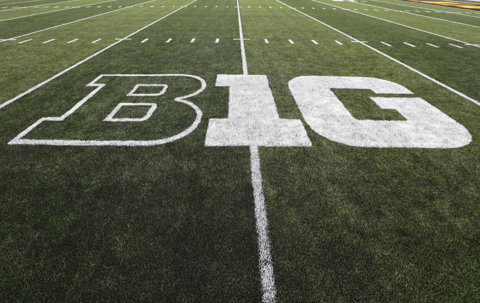 The Big Ten logo is seen on the field before an NCAA college football game between Iowa and Miami of Ohio, Saturday, Aug. 31, 2019, in Iowa City, Iowa. (AP Photo/Charlie Neibergall)