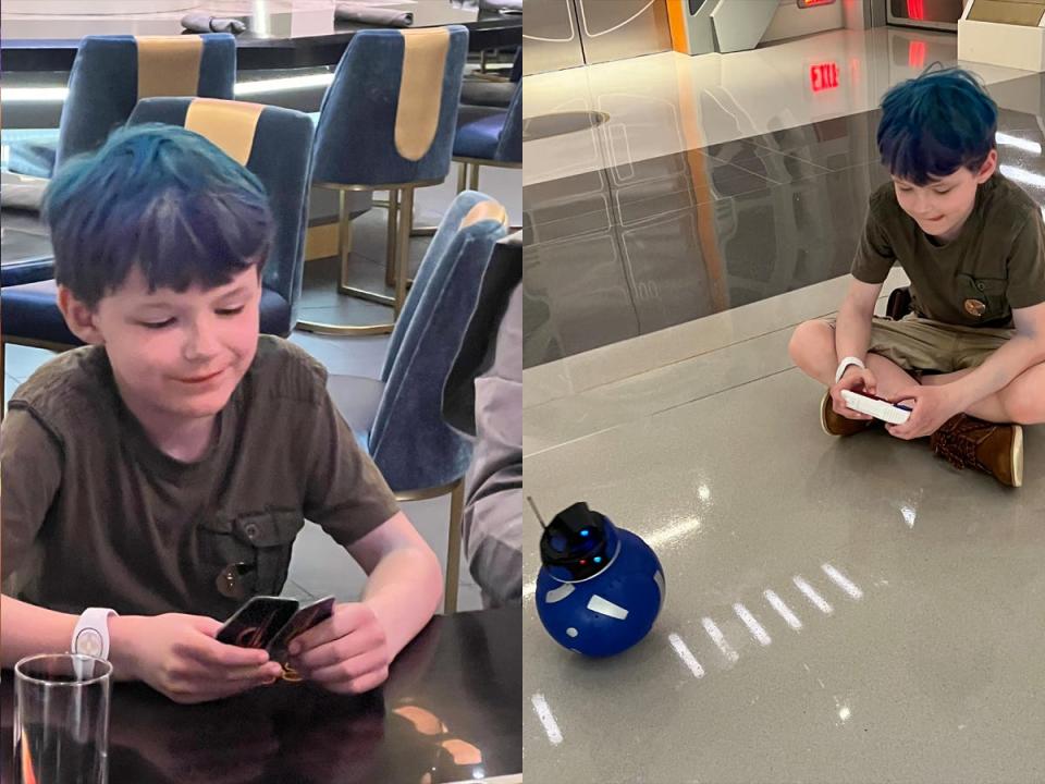 A photo of my son playing Sabbac next to a photo of him sitting onthe floor with. aremote control racing a small droid