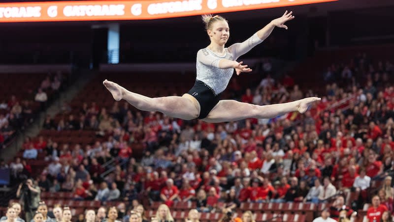 Oregon State’s Jade Carey performs her floor routine during the Pac-12 Gymnastics Championships at Maverik Center in West Valley City on March 18, 2023. The final iteration of the Pac-12 Gymnastics Championships will once again be held at the Maverik Center.