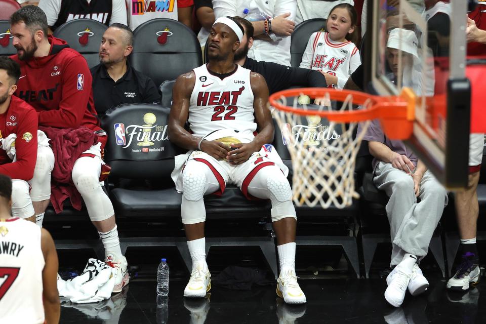 MIAMI, FLORIDA - JUNE 07: Jimmy Butler #22 of the Miami Heat reacts after coming out of the game during the fourth quarter against the Denver Nuggets in Game Three of the 2023 NBA Finals at Kaseya Center on June 07, 2023 in Miami, Florida.