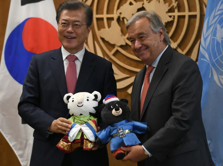 United Nations Secretary General Antonio Guterres meets with South Korean President Moon Jae-in at the UN on Monday