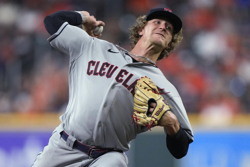 Cleveland Guardians starting pitcher Zach Plesac delivers during the first inning of the team's baseball game against the Houston Astros, Tuesday, May 24, 2022, in Houston. (AP Photo/Eric Christian Smith)