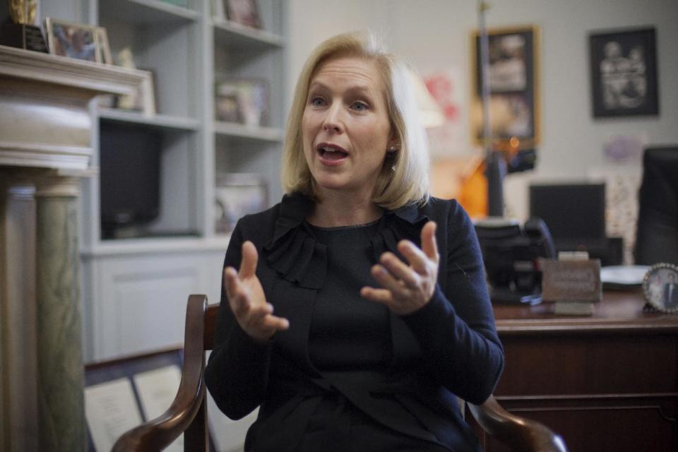 This photo taken Jan. 21, 2014 shows Sen. Kirsten Gillibrand, D-N.Y., chair of the Senate Armed Services subcommittee on Personnel, discussing her proposed reforms for prosecuting sexual assaults in the military, during an interview with The Associated Press in her Capitol Hill office in Washington. An Associated Press investigation into the military’s handling of sexual assaults in Japan has found a pattern of random and inconsistent judgments in which most offenders are not incarcerated. Instead, commanders have ordered “nonjudicial punishments” that ranged from docked pay to a letter of reprimand. (AP Photo/J. Scott Applewhite)