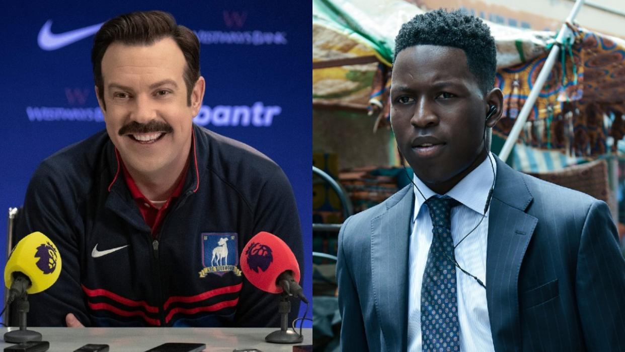  Ted Lasso smiling at the press table in Ted Lasso and Tunde walking in a suit with earbuds in in The Power. 