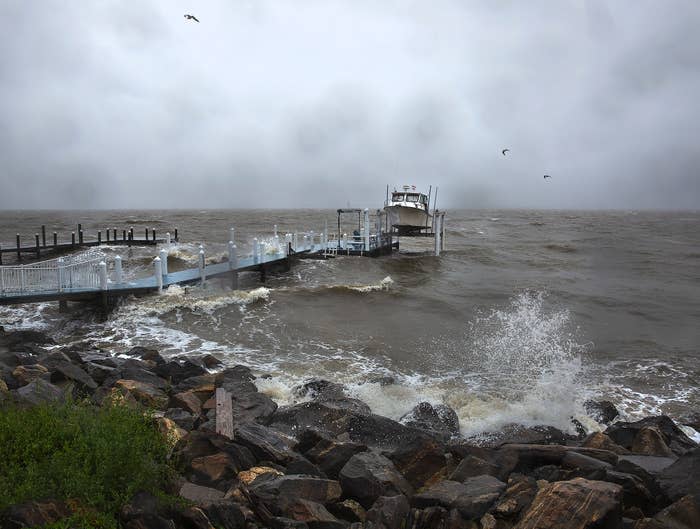 Waves crashed ashore along the Potomac River in Colonial Beach, Virginia, on Saturday.