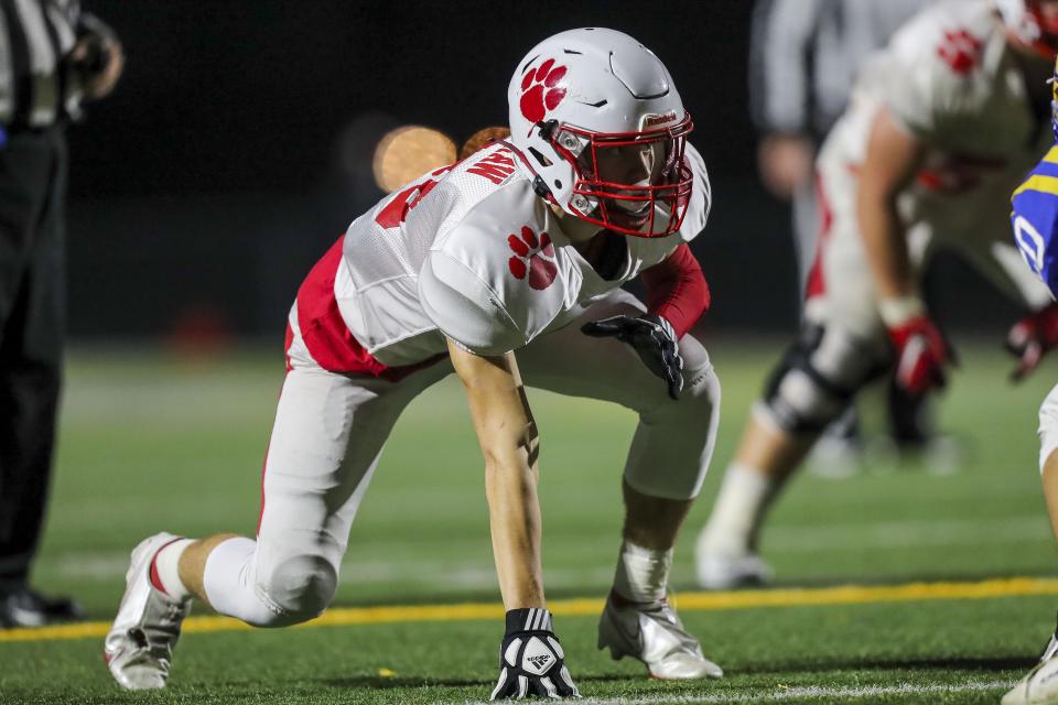 Beechwood defensive end Zachary Ranshaw (88) prepares for the snap by Newport Central Catholic in the second half at Covington Catholic High School Oct. 28, 2022.