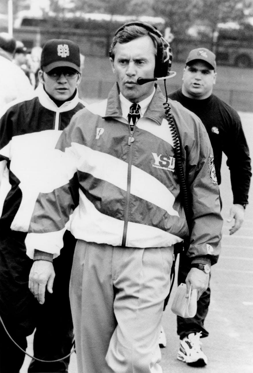 When Ohio State fired John Cooper after the 2001 Outback Bowl, the job went to Jim Tressel, who was head coach at Youngstown State, as seen here in the 2000 season. Tressel won four Division I-AA national championships there.
