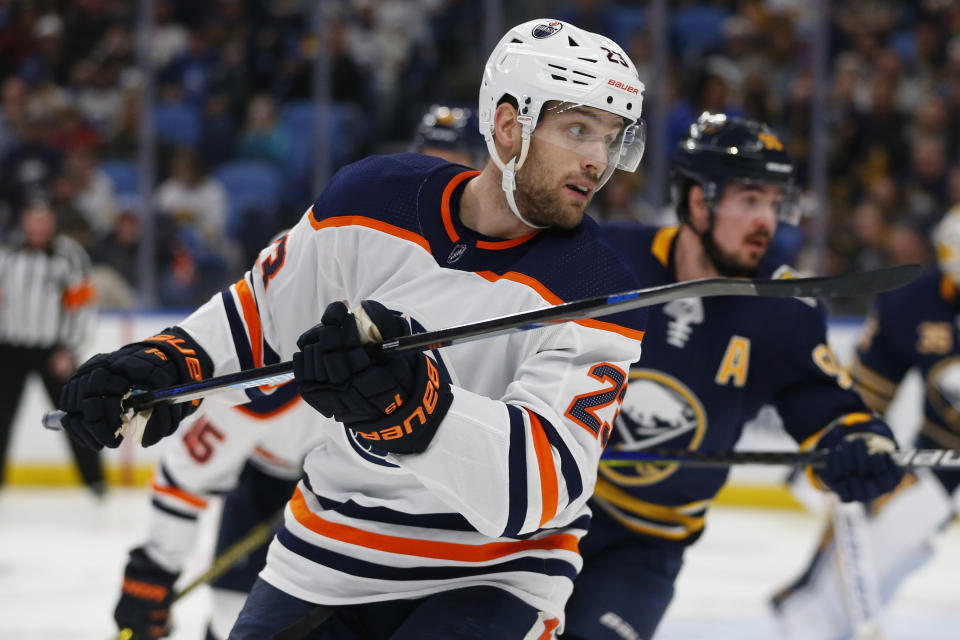 Edmonton Oilers forward Riley Sheahan (23) skates during the second period of an NHL hockey game against the Buffalo Sabres, Thursday, Jan. 2, 2020, in Buffalo, N.Y. (AP Photo/Jeffrey T. Barnes)