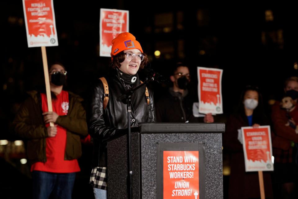 Starbucks barista Gianna Reeve, part of the organizing committee in Buffalo, New York, speaks in support of workers at Seattle Starbucks locations that announced plans to unionize, during a rally at Cal Anderson Park in Seattle, Washington on Jan. 25, 2022.