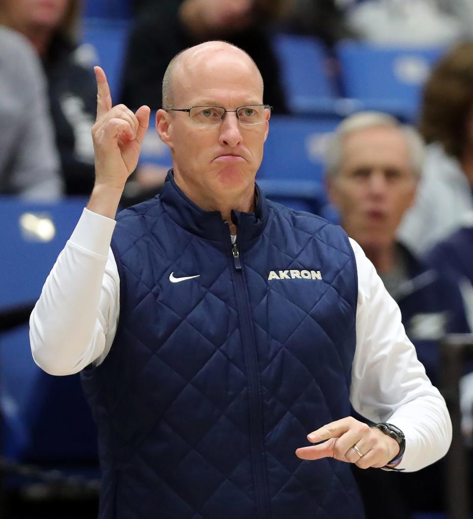Akron Zips men's basketball coach John Groce gestures during the second half against South Dakota State, Monday, Nov. 7, 2022.