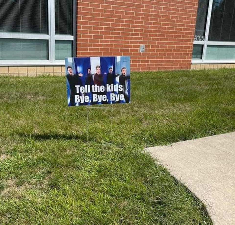 Signs featuring NSYNC and other celebrities decorated the lawn of Austintown Elementary School.  (Courtesy of Austintown Elementary School PTA)