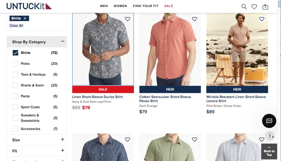 Screen shot of Untuckit's short-sleeve dress shirts.