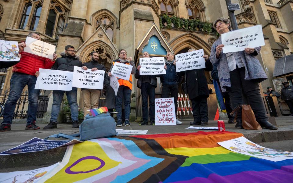 LGBT+ protestors demonstrate during the Church of England's General Synod meeting on Feb 8 - Paul Grover for The Telegraph