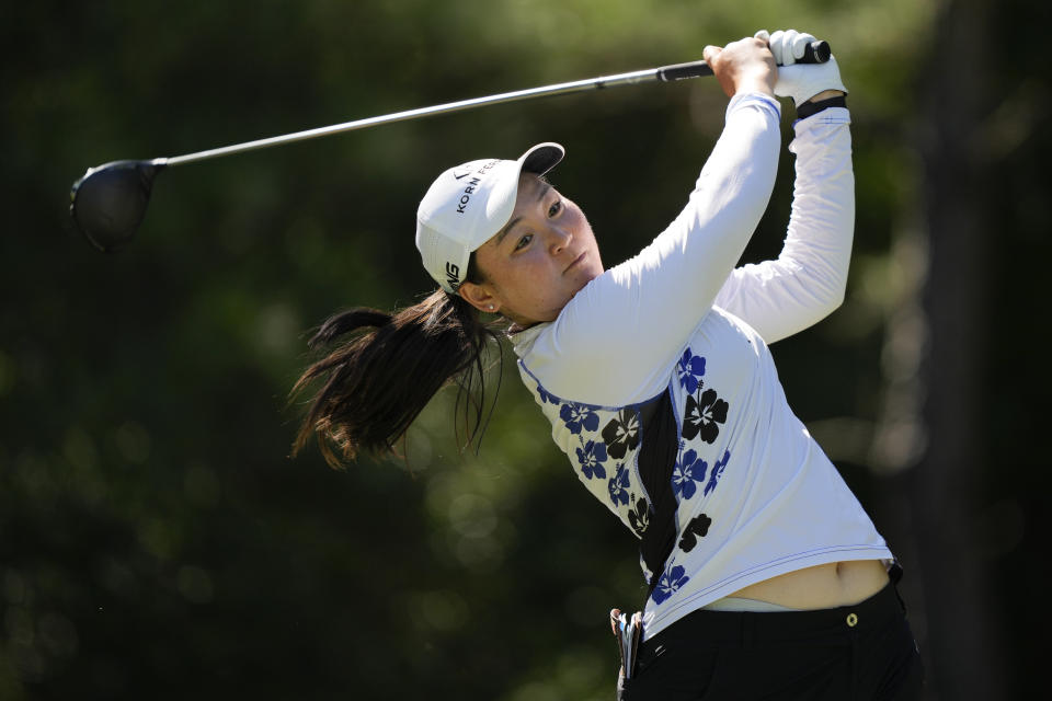 Allisen Corpuz watches her tee shot on the 16th hole during the third round of the Chevron Championship women's golf tournament at The Club at Carlton Woods on Saturday, April 22, 2023, in The Woodlands, Texas. (AP Photo/David J. Phillip)