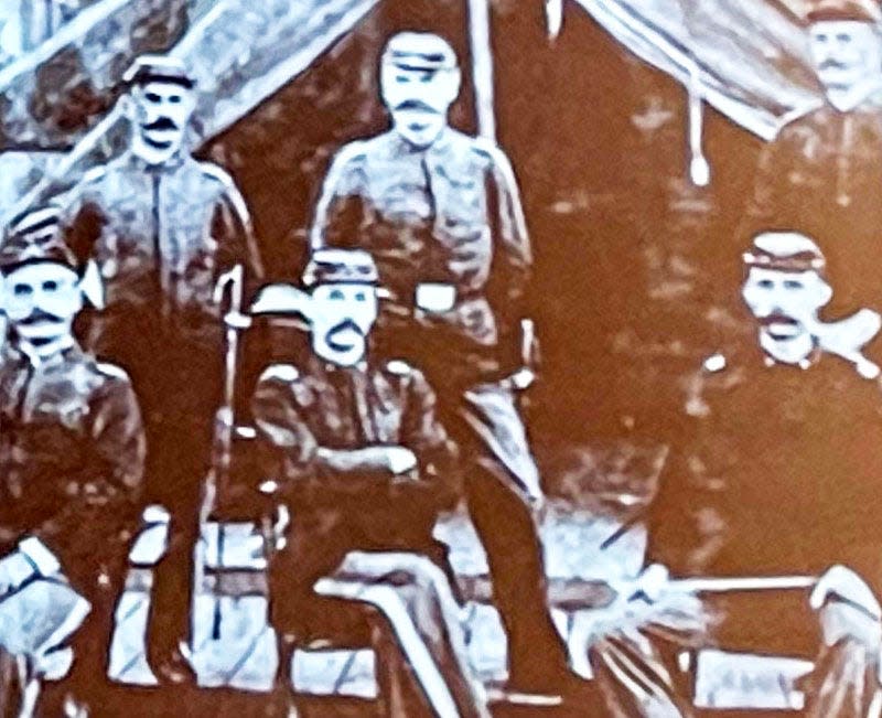 Tennessee National Guard officers at Fort Anderson garrison. By firing cannons and Gatling guns, the soldiers defeated the Welsh miners wielding squirrel rifles in the Coal Creek War, 1891-92. The miners lost the battle but won the war - convict leasing was abolished