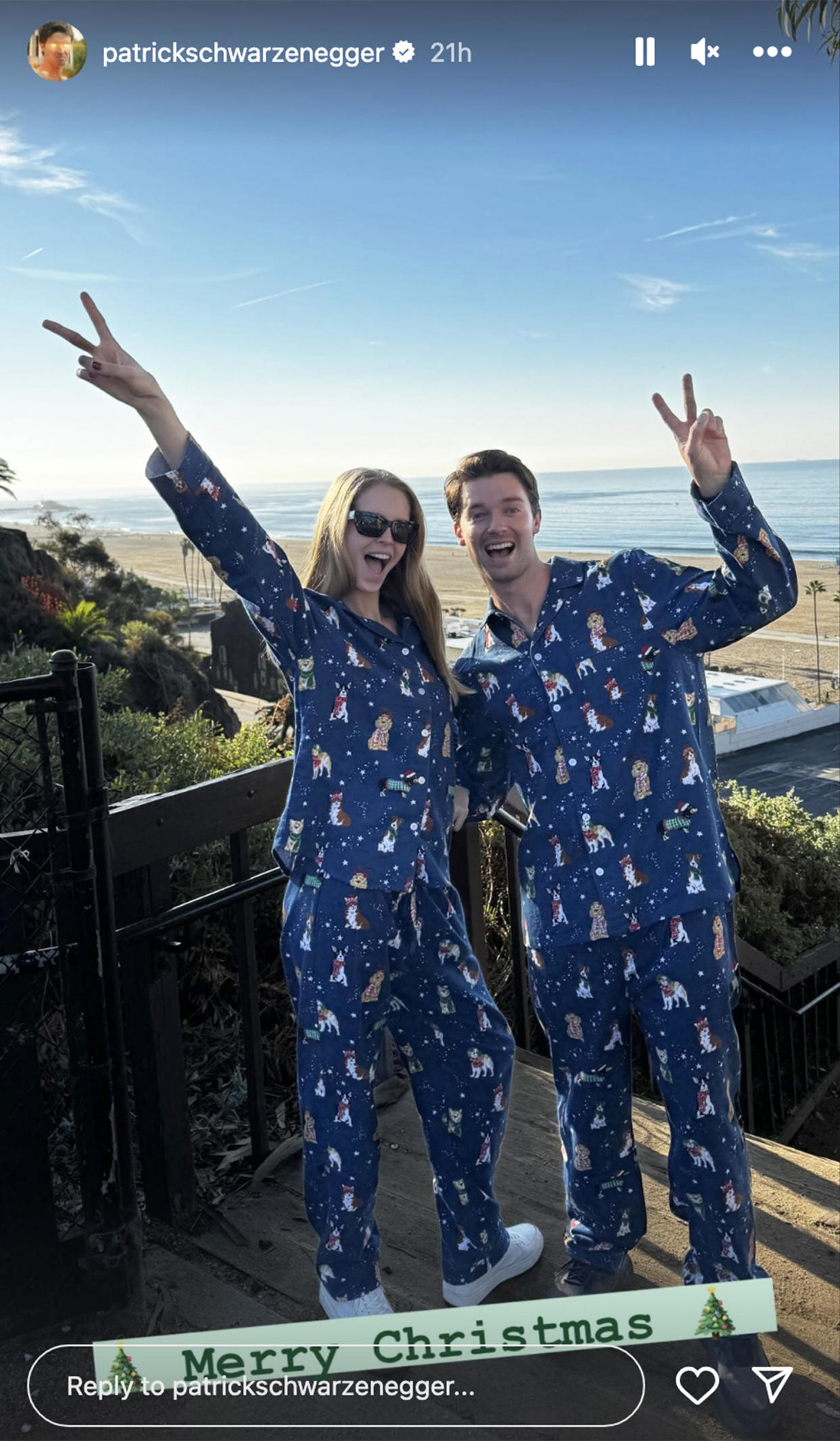 Patrick Schwarzenegger  and Abby Champion pose in matching pajamas on Christmas, the day before their engagement announcement.  (@patrickschwarzenegger via Instagram)