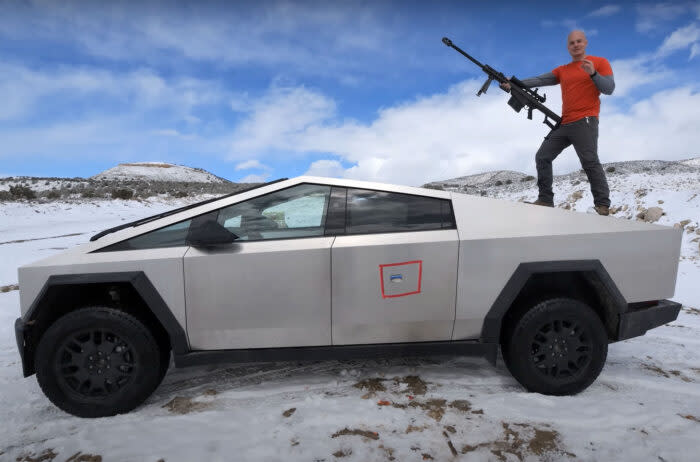 A YouTuber tests out various firearms against the Tesla CyberTruck; (screenshot/JerryRigEverything)