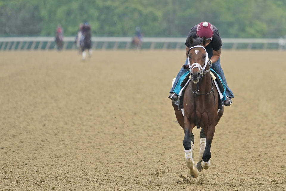 Rombauer trains the day before the 153rd running of the Belmont Stakes horse race in Elmont, N.Y., Friday, June 4, 2021. (AP Photo/Seth Wenig)