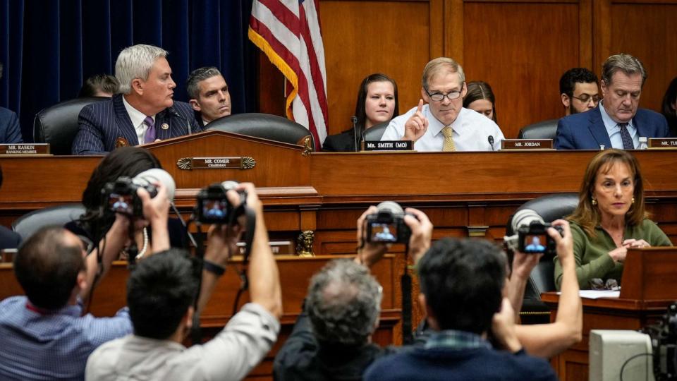 PHOTO: Rep Jim Jordan delivers remarks during a House Oversight Committee hearing titled 'The Basis for an Impeachment Inquiry of President Joseph R. Biden, Jr.' on Capitol Hill, Sept. 28, 2023, in Washington. (Drew Angerer/Getty Images)