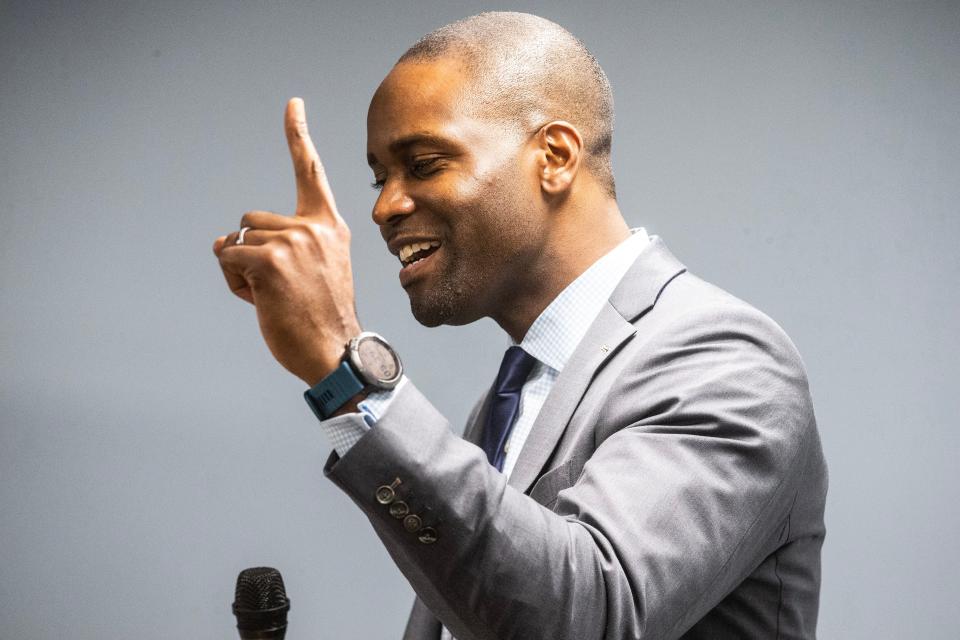 Eugene Young, director of the Delaware State Housing Authority, speaks at the grand opening of an affordable housing complex, the Quaker Arts apartment complex, in Wilmington on Wednesday, March 8, 2023.