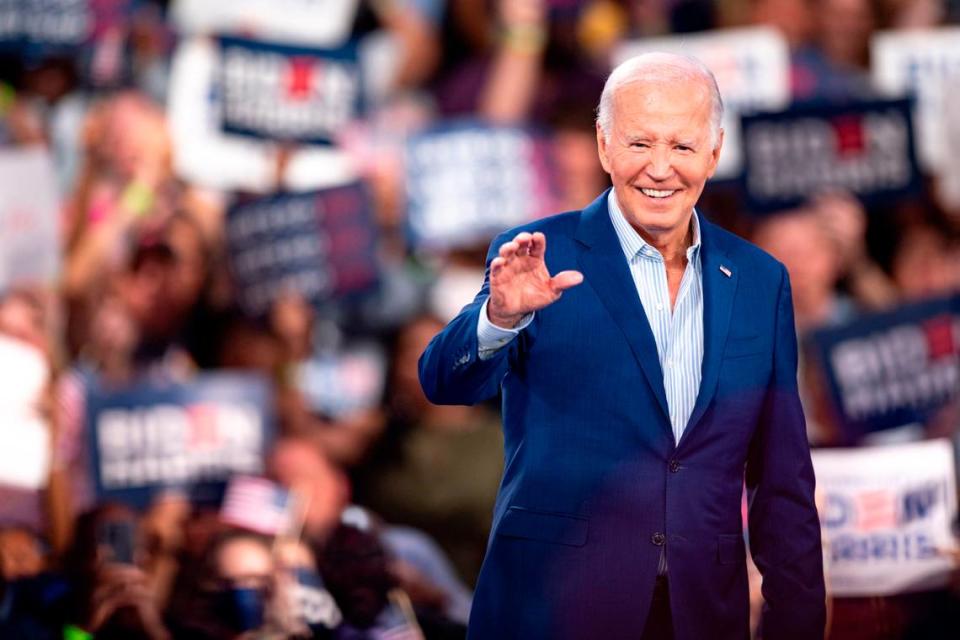 President Joe Biden greets the crowd during a campaign event at the Jim Graham building at the North Carolina State Fairgrounds in Raleigh on Friday June 28, 2024. Biden debated former President Trump in Atlanta Georgia the previous night.
