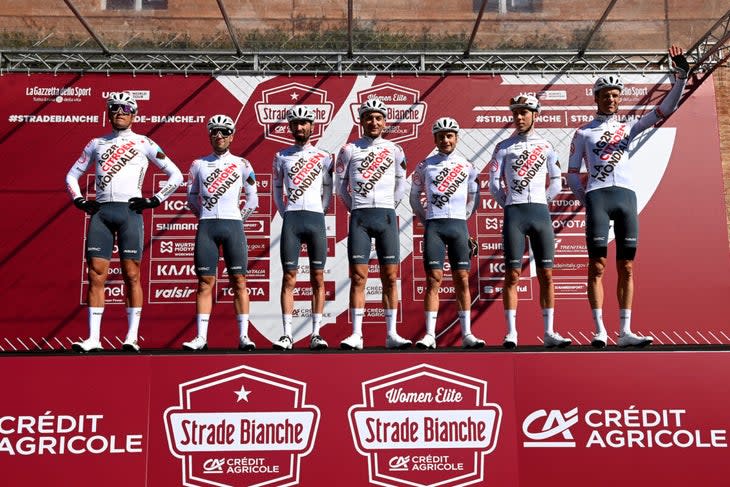 <span class="article__caption">Ag2r-Citroen donned denim-inspired shorts for Strade Bianche.</span> (Photo: Tim de Waele/Getty Images)
