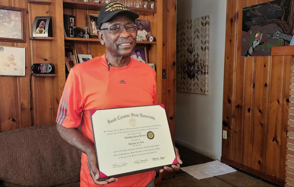 Timothy Brown decided to go back to college in his 70s, thanks to a VA program that helps veterans go back to school. At 77 years old, he's a graduate - and a playwright.  / Credit: Larry Hardy/The Times and Democrat