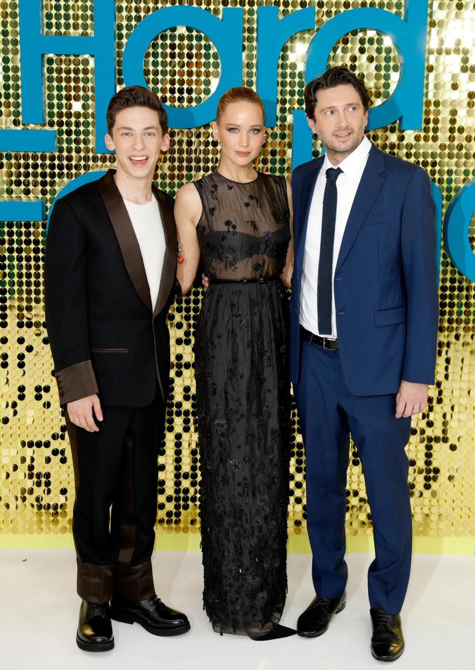 Jennifer Lawrence with co-stars Andrew Barth Feldman and Gene Stupnitsky (John Phillips / Getty Images for Sony Pictures)