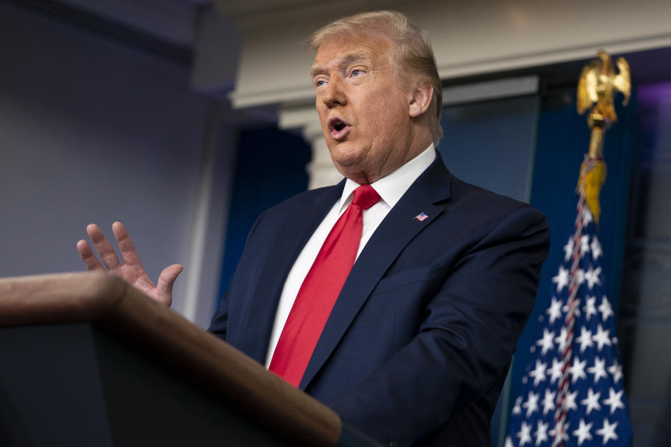 President Donald Trump speaks during a news briefing at the White House, on July 2, 2020, in Washington. (AP Photo/Evan Vucci)