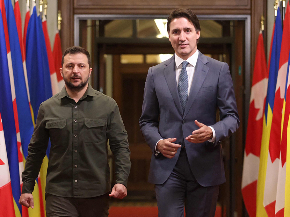  Volodymyr Zelenskyy and Justin Trudeau arrive at a signing ceremony on Parliament Hill in Ottawa on Sept. 22.