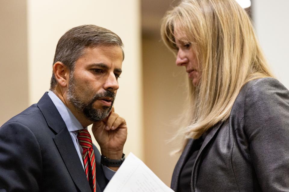 Defense attorney Daniel Rashbaum listens to Assistant State Attorney Georgia Cappleman before she begins to cross examination of his client Friday, Nov. 3, 2023.