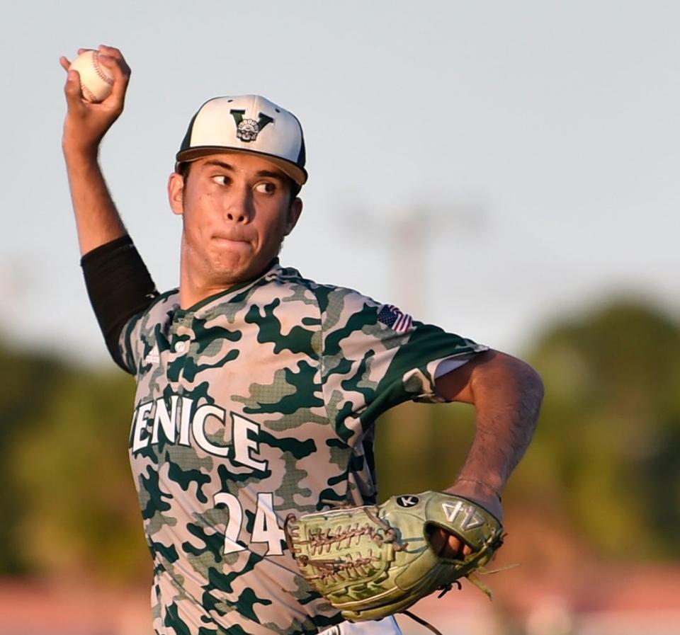 Venice Indians' pitcher Orion Kerkering pitches against the Seminole Osceola Warriors during the 7A-Region 3 baseball title game Wednesday night, May, 22, 2019, in Venice. [Herald-Tribune staff photo / Thomas Bender]