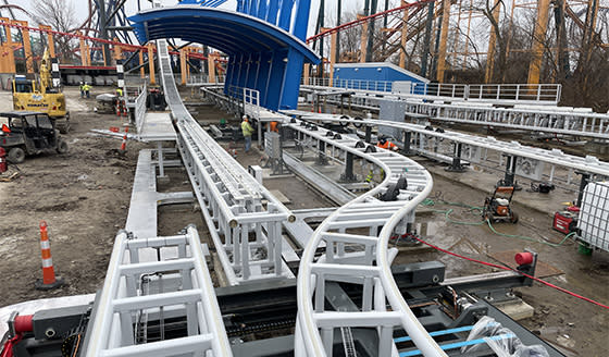 Here you can see the high-speed switch that switches out the curved track for the straight one once the car is ready for liftoff. (Cedar Point)