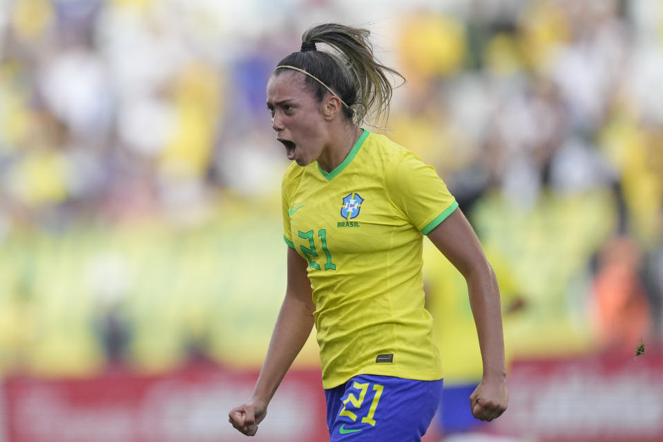 Brazil's Priscila celebrates after scoring her side's fourth goal during a women's friendly soccer match at the Neo Quimica Arena in Sao Paulo, Brazil, Thursday, Nov. 30, 2023. (AP Photo/Andre Penner)