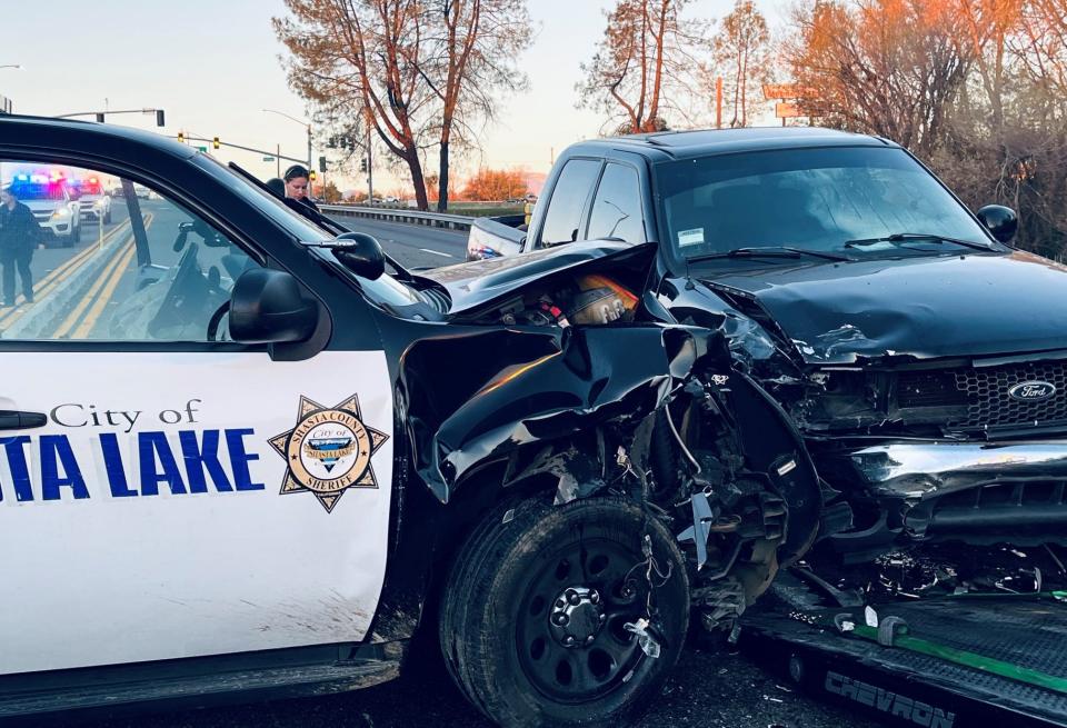 A Shasta County Sheriff's Office SUV was involved in a three-vehicle collision Thursday morning in Redding.