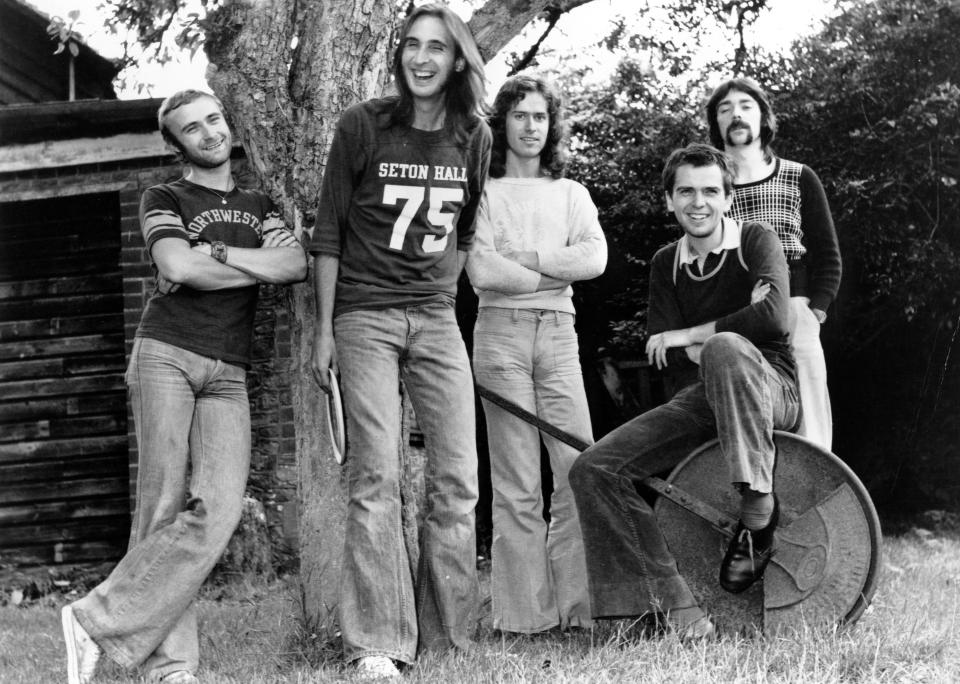 1972:  (L-R) Drummer Phil Collins, guitarist Mike Rutherford, keyboard and guitarist Tony Banks, singer Peter Gabriel, and drummer Steve Hackett of the progressive-rock group "Genesis"pose for a portrait in 1972. (Photo by Michael Ochs Archives/Getty Images)