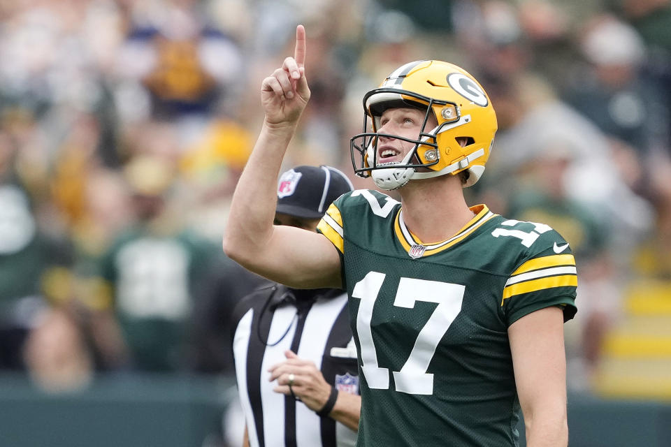 GREEN BAY, WISCONSIN – AUGUST 26: Anders Carlson #17 of the Green Bay Packers celebrates after kicking a field goal in the second quarter against the <a class="link " href="https://sports.yahoo.com/nfl/teams/seattle/" data-i13n="sec:content-canvas;subsec:anchor_text;elm:context_link" data-ylk="slk:Seattle Seahawks;sec:content-canvas;subsec:anchor_text;elm:context_link;itc:0">Seattle Seahawks</a> during a preseason game at Lambeau Field on August 26, 2023 in Green Bay, Wisconsin. (Photo by Patrick McDermott/Getty Images)