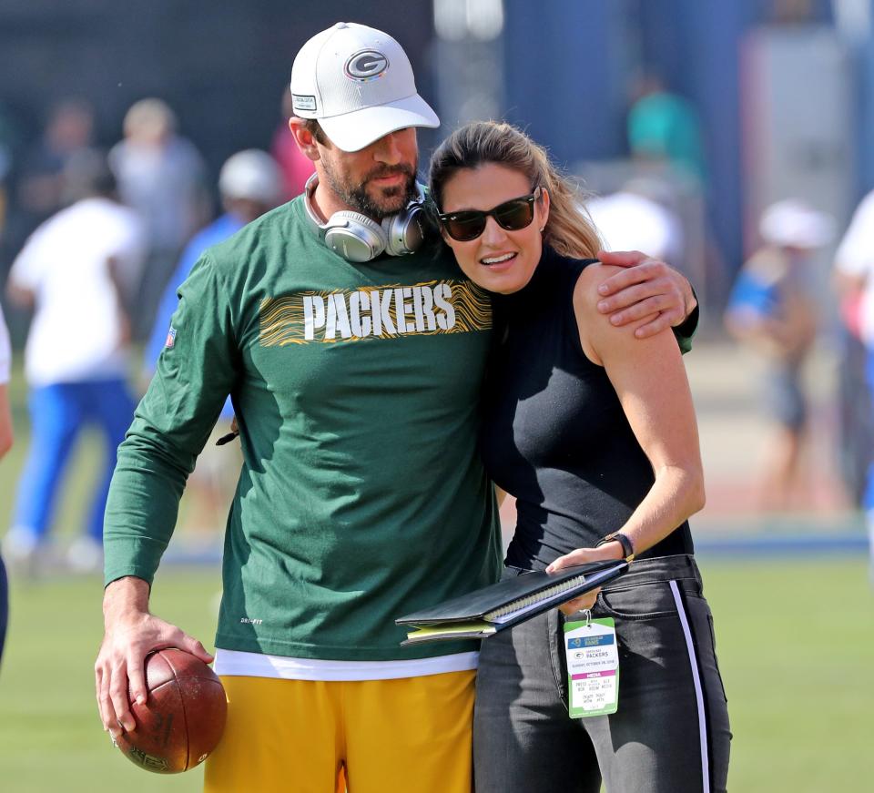 Green Bay Packers quarterback Aaron Rodgers (12) gets a hug from Erin Andrews during warmups before the game against the LA Rams Sunday, October 28, 2018 at the Memorial Coliseum in Los Angeles, Cal. Jim Matthews/USA TODAY NETWORK-Wis