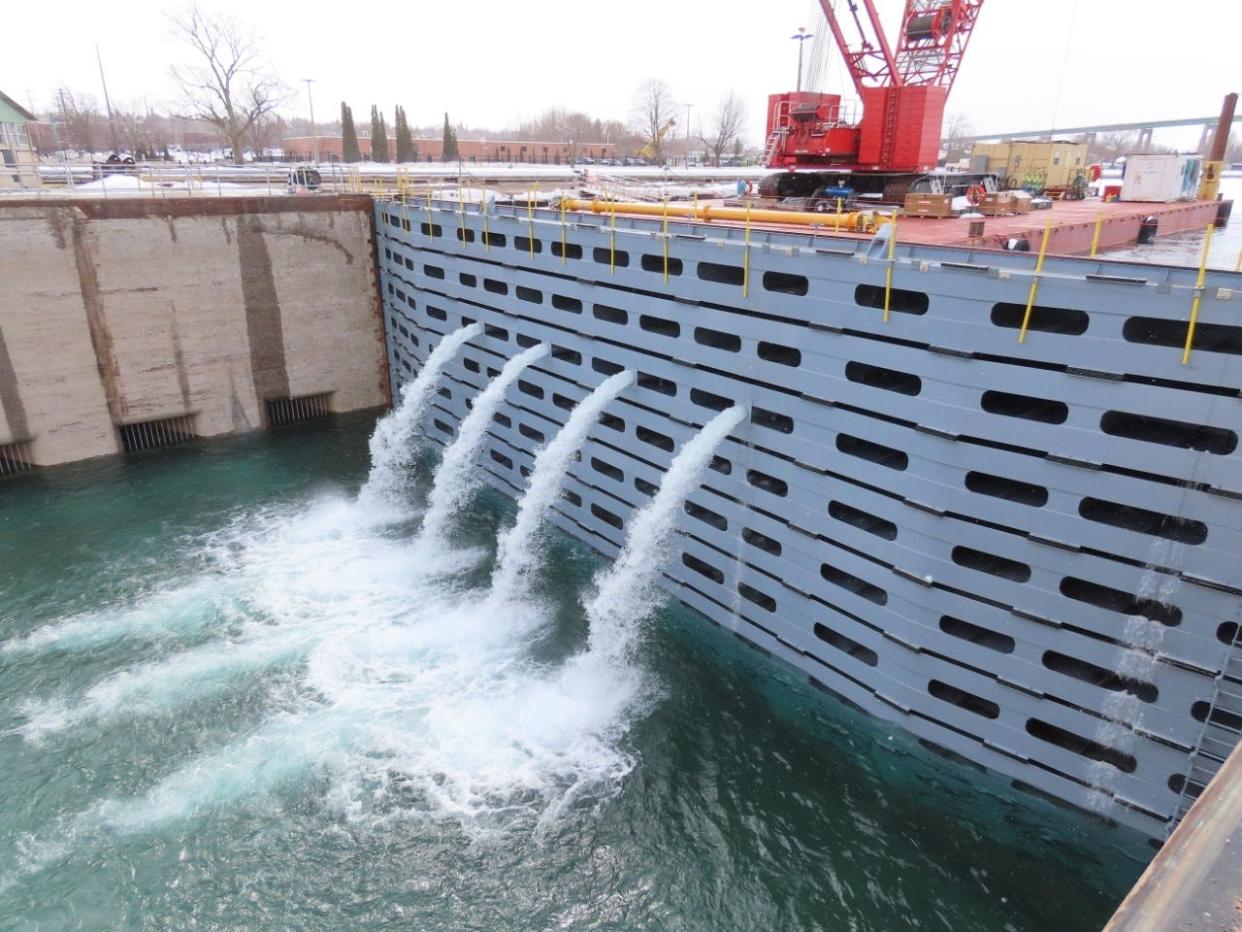 The Poe Lock, one of the Soo Locks used by freighters during the Great Lakes shipping season, is shown.