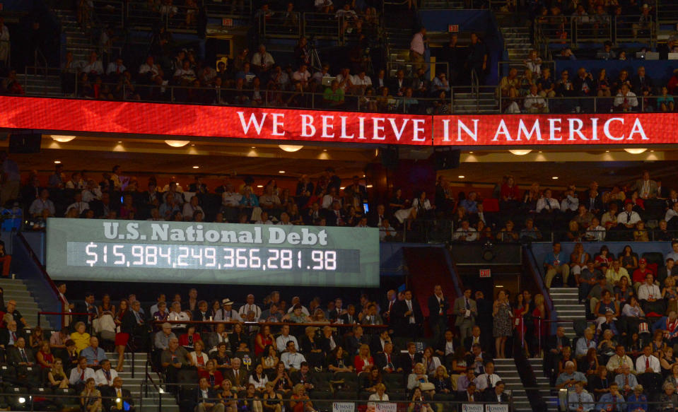 TAMPA, FL - AUGUST 30: The national debt clock runs during the  final day of the 2012 Republican National Convention at the Tampa Bay Times Forum on August 30, 2012 in Tampa, Florida.    (Photo by Toni L. Sandys/The Washington Post via Getty Images)  