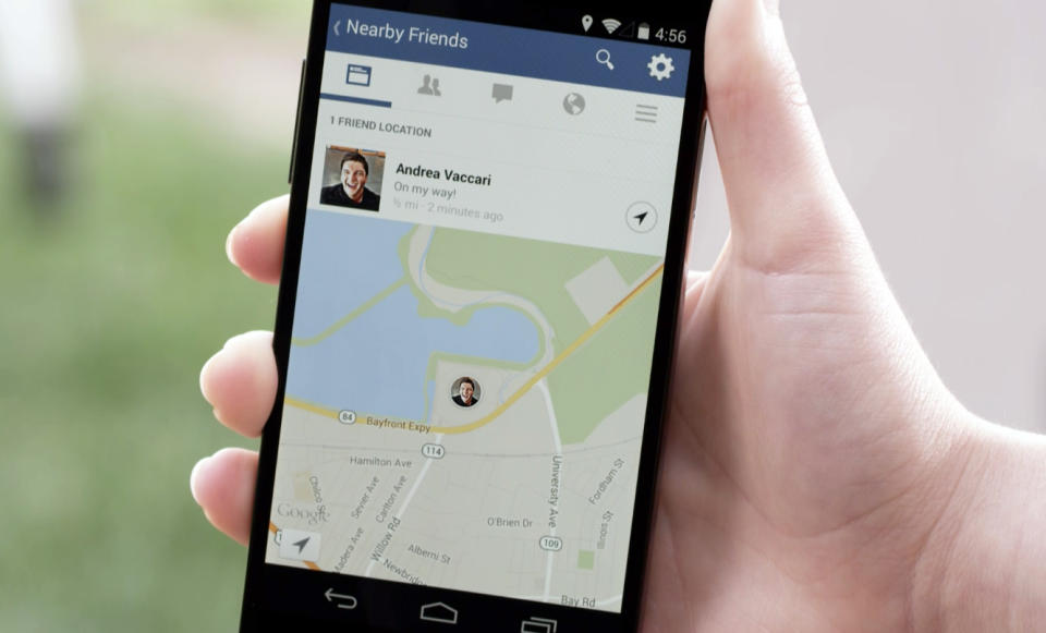 This product image provided by Facebook shows the “Nearby Friends" tool. Using your smartphone’s GPS system, it will tell your Facebook friends _ provided they have the feature turned on _ that you are nearby. Rather than share your exact location, though, it will only show that you are in close proximity, say within half a mile. Then, if you want, you can manually share your exact location with a friend you’d like to meet up with, so they can see where you are located in a particular park, airport or city block. (AP Photo/Facebook)