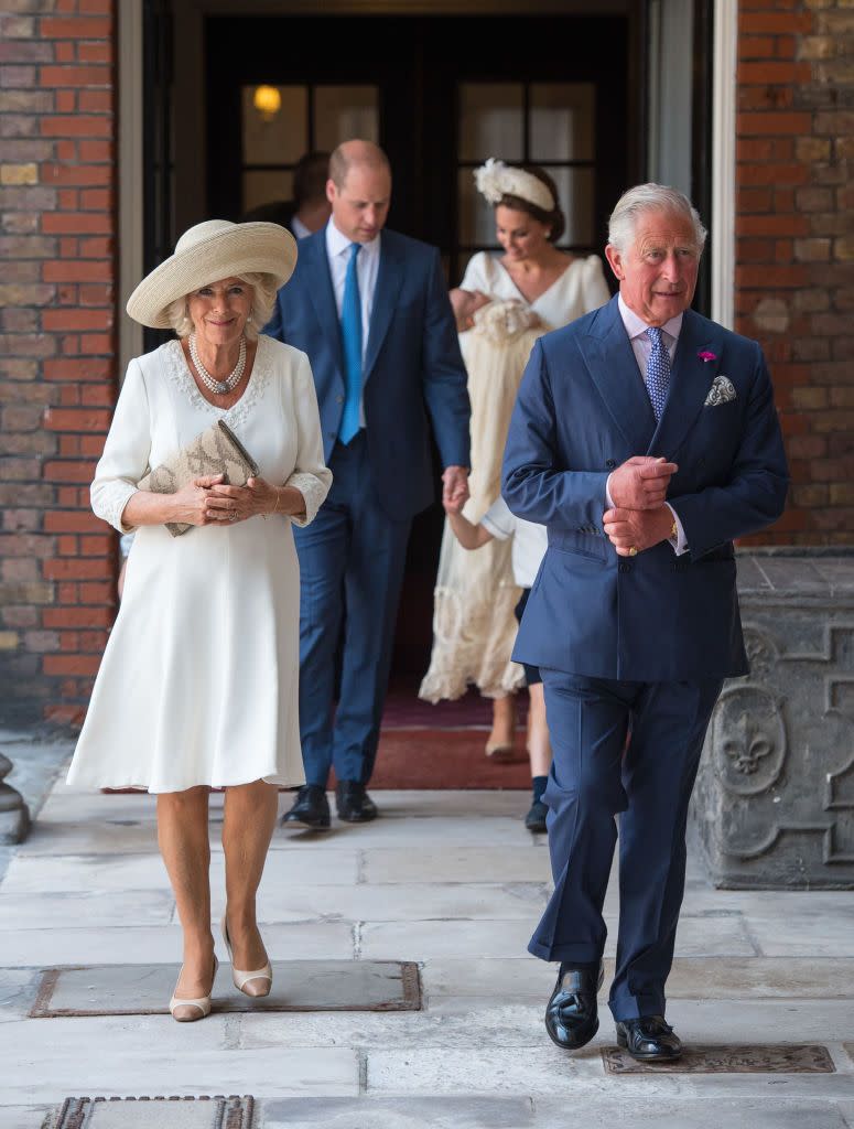 <p>The Duchess of Cornwall wore a cream embroidered dress for the third time while attending <a href="https://www.townandcountrymag.com/society/tradition/g22025900/prince-louis-royal-baby-christening-baptism-photos/" rel="nofollow noopener" target="_blank" data-ylk="slk:Prince Louis's christening;elm:context_link;itc:0;sec:content-canvas" class="link ">Prince Louis's christening</a>. She paired it with a tan sun hat and her go-to necklace and heels.</p>