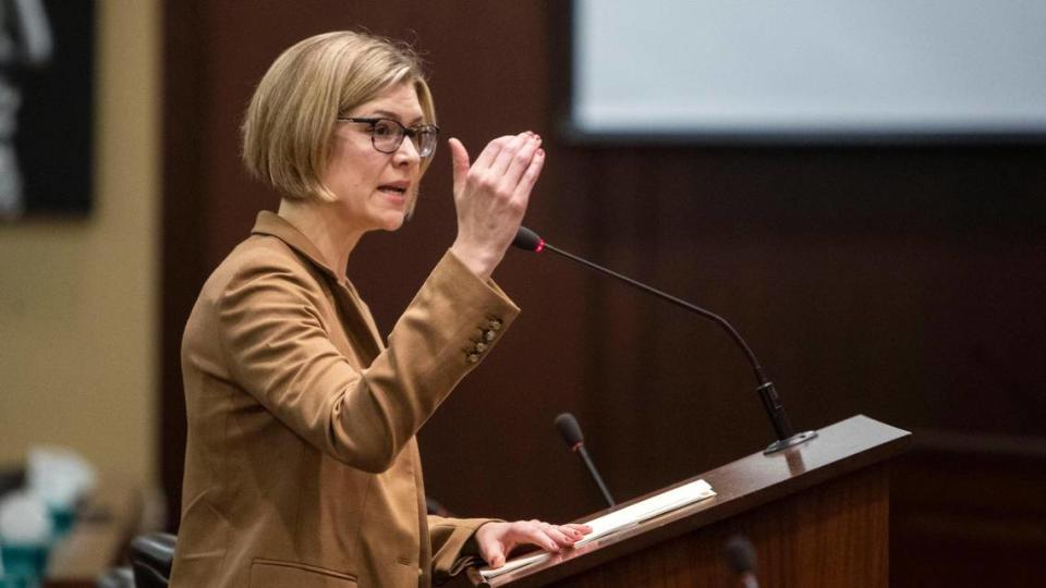 Juliet Charron, Administrator of the Idaho Dept. of Health & Welfare Division of Medicaid, presents a summary of what Medicaid expansion has covered since starting in 2020, the program’s budget and estimated costs moving into fiscal year 2024. Charron was presenting to a joint session of the House and Senate Health & Welfare committees, Monday, Jan. 23, 2023, in the Lincoln Auditorium at the Idaho Statehouse.