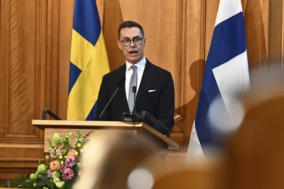 Finnish President Alexander Stubb speaks in the second chamber of the Sweden's Parliament (Riksdag) on the occasion of his visit, in Stockholm, Tuesday, April 23, 2024. (Claudio Bresciani/TT News Agency via AP)