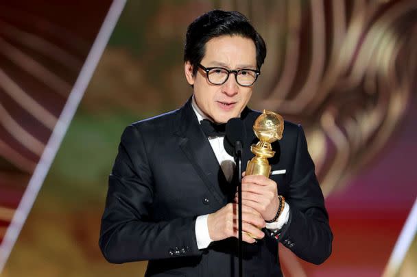 PHOTO: This image released by NBC shows Ke Huy Quan accepting the Best Supporting Actor in a Motion Picture award for 'Everything Everywhere All at Once' at the 80th Annual Golden Globe Awards, on Jan. 10, 2023, in Beverly Hills, Calif. (Rich Polk/NBC via AP)