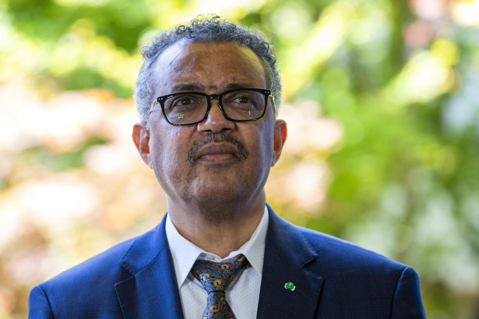 FILE - In this Thursday, June 25, 2020 file photo, Tedros Adhanom Ghebreyesus, Director General of the World Health Organization (WHO), attends a press conference, at the World Health Organization (WHO) headquarters in Geneva, Switzerland. The head of the World Health Organization dismissed complaints from countries complaining that contact tracing is too difficult to implement as a control strategy for the pandemic as “lame.” The U.N. health agency has repeatedly advised countries that shutting down their COVID-19 outbreaks requires having a strong contact tracing program in place, a labour-intensive process of tracking down contacts of people with coronavirus to ensure those at risk isolate themselves. (Salvatore Di Nolfi/Keystone via AP, File)