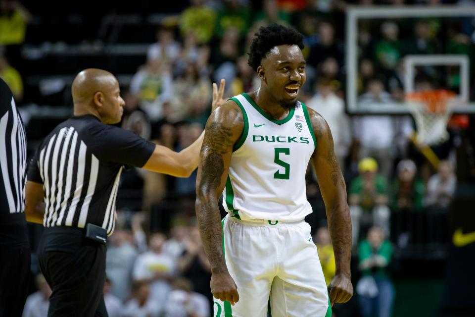 Oregon guard Jermaine Couisnard reacts during the second half as the Ducks beat Oregon State on Feb. 28.