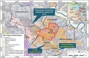 Terra Balcanica’s 216 km2 Viogor-Zanik project in eastern Bosnia and Herzegovina with the key drill target areas and their associated styles of mineralization: (i) the epithermal Cumavici corridor, (ii) the Olovine porphyry target and (iii) the southwesterly Brezani skarn/porphyry system is located approximately 12 km SE of the Cumavici Ridge discovery drillholes. (Click here to view image)