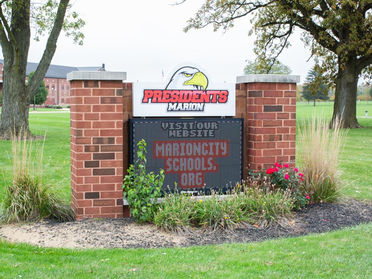 The front of Marion Harding High School is shown. Three school board candidates will run for two seats Nov. 2, 2021.